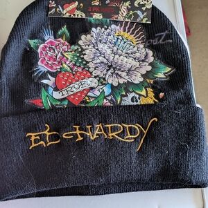 Ed Hardy 2 Beanies with Colorful Floral and Heart Motif